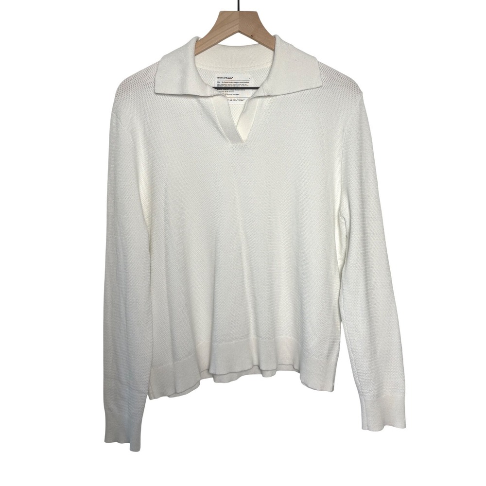 Ministry of Supply Atlas Knit Polo Sweater White Long Sleeve Viscose Blend Large